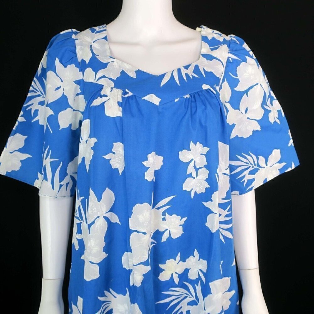 Aikane Hawaii Aloha Vintage Muumuu Lounge Trumpet Dress Blue Floral Women's XL - Picture 2 of 5